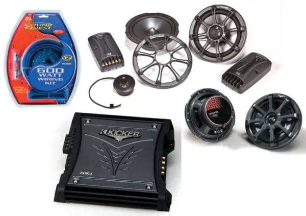 HA-A400.4 Alloy 4 Channel 800W Range Speaker Sub Amplifier, Kicker 46CSC54 5 1/4″ Coaxial Range Stereo Speakers and Kicker 43DSC