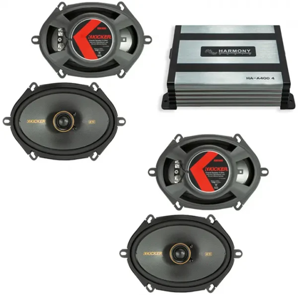 HA-A400.4 Alloy 4-Channel 800W Speaker Sub Amp and Kicker 47KSC6804 6×8″ Coaxial 300W Peak Range Speakers